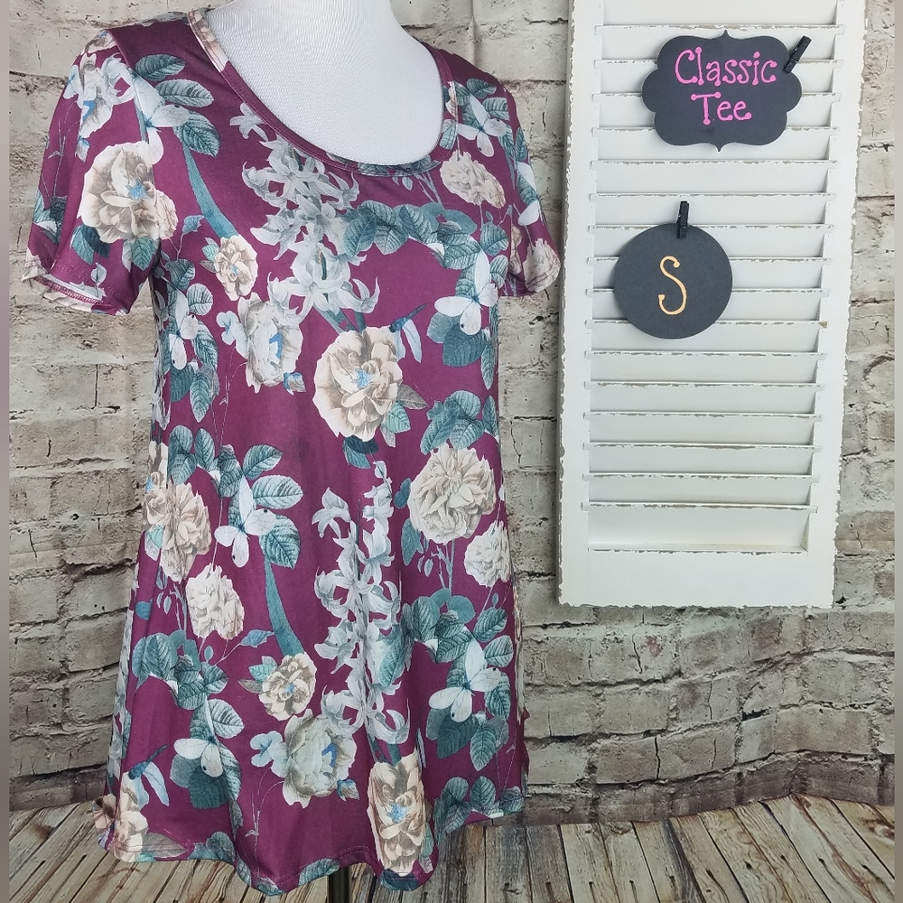 Burgundy Floral with Butterflies Short Sleeve LuLaRoe Classic Tee